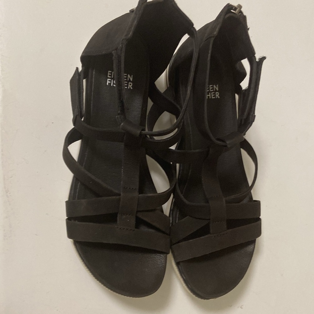 Eileen Fisher size 6 Sola tumbled black nubuck leather sandals sneaker back zip